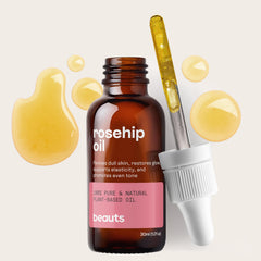 Beauts Rosehip Seed Oil used on hair to reduce frizz and boost shine.