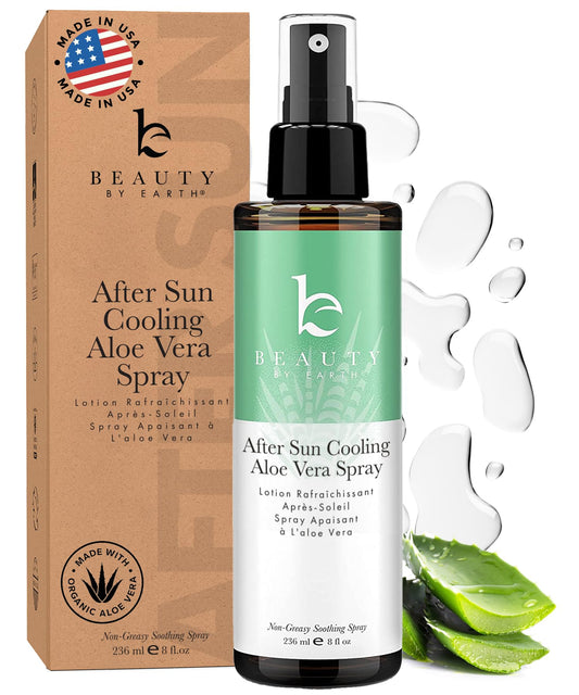Beauty by Earth after-sun cooling spray bottle showing spray action for sunburn relief