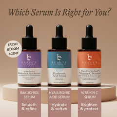 Beauty by Earth bakuchiol serum vial on table conveys premium skincare.