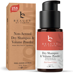 Beauty by Earth dry shampoo powder bottle shows oil absorption for a refreshed look.
