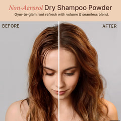 Beauty by Earth dry shampoo powder pour demonstrates easy, quick root refreshing.