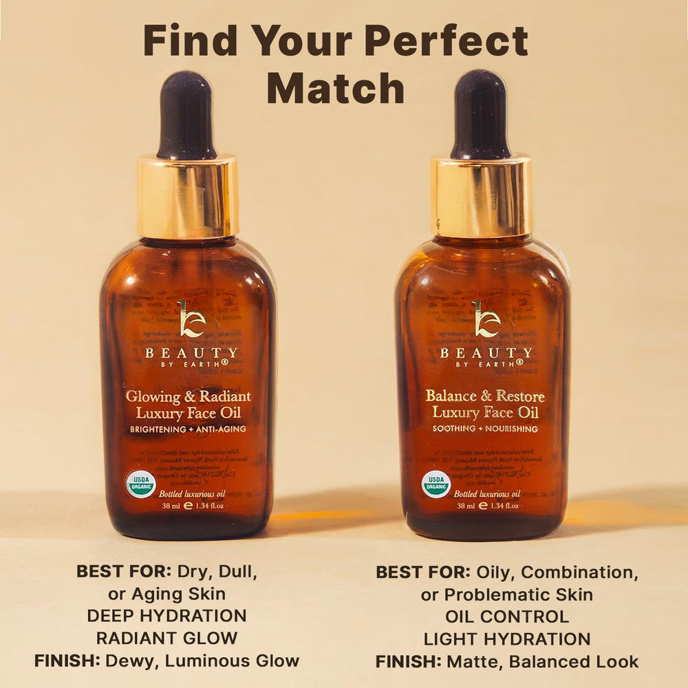 Beauty by Earth face oil showcases clean, organic ingredients.