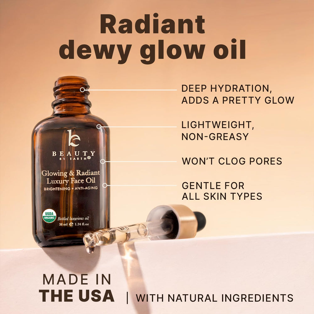 Texture and glow of Beauty by Earth face oil on skin, silky finish.