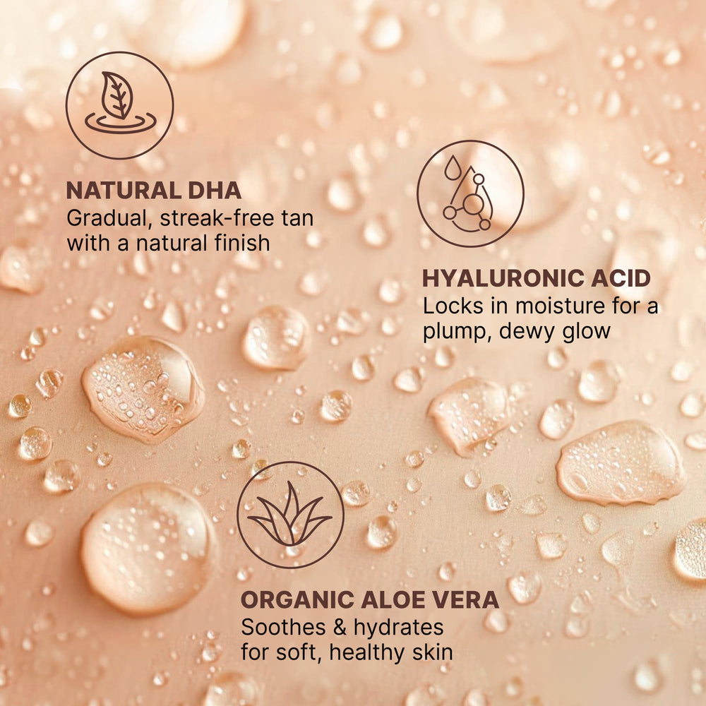 Beauty by Earth organic ingredients visible in facial tanning product imagery.