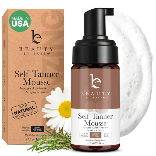 Beauty by Earth Self Tanner Mousse bottle applying for a natural, streak-free glow
