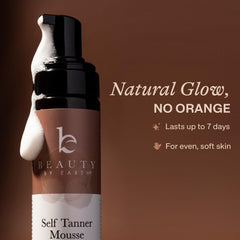 Beauty by Earth self tanner mousse bottle pour demonstrates quick-drying results