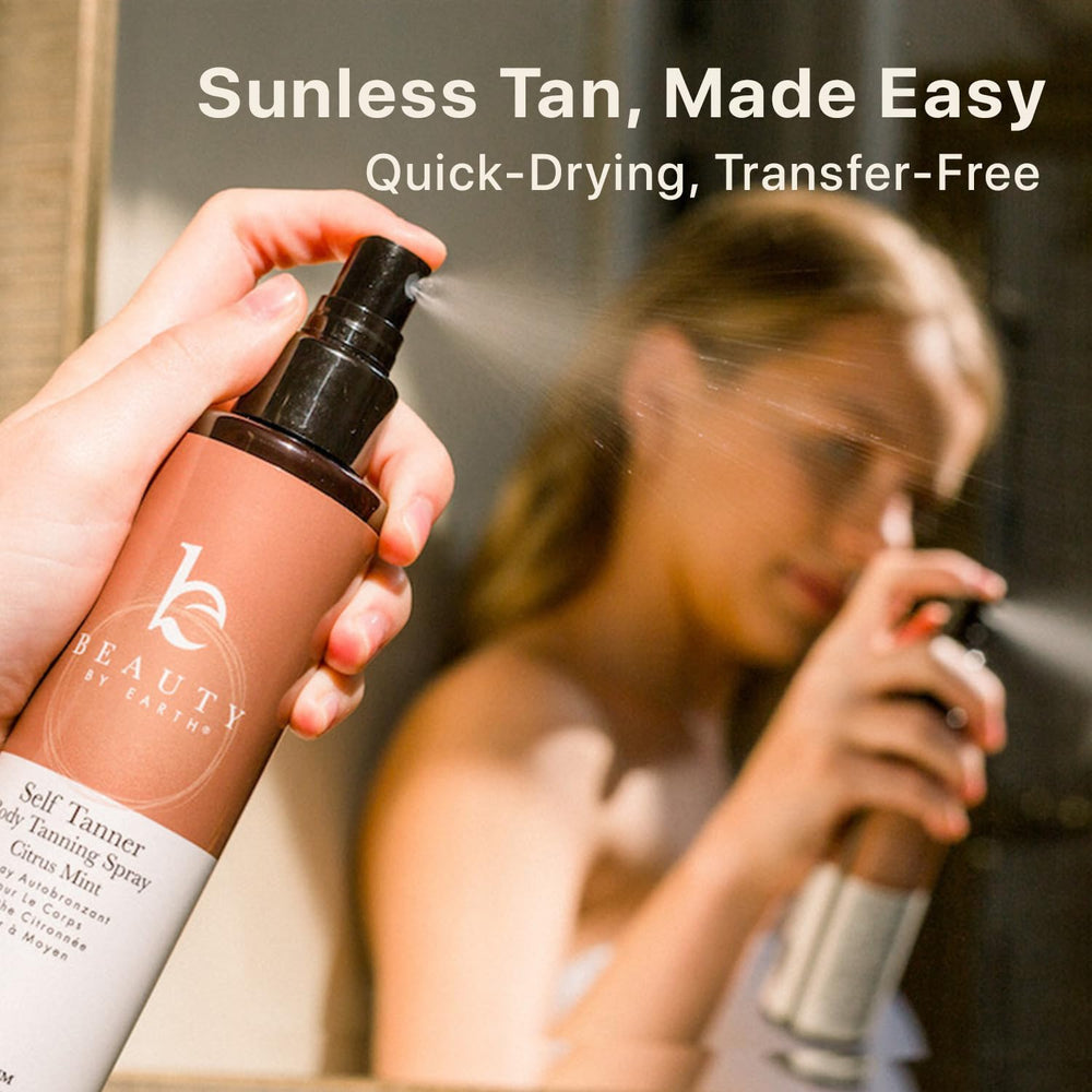 Beauty by Earth Self Tanner Spray packaging box with clean label and natural ingredients.