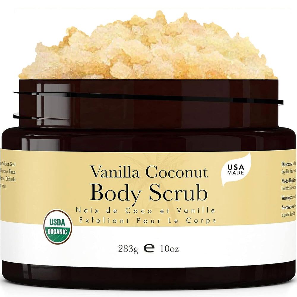 Beauty by Earth Organic Vanilla Coconut Body Scrub bottle showing nourishing sugar exfoliant for silky skin