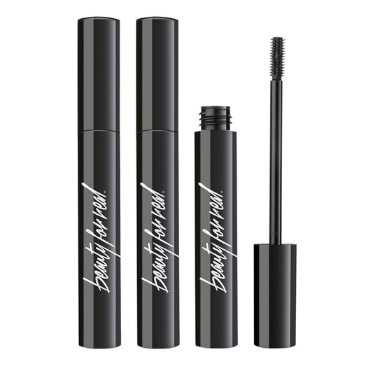 Beauty For Real Hi-Def Mascara Just Black set 3 bottle showcases defined, smudge-proof lashes.