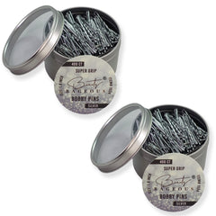 Beauty Rageous Super Grip Bobby Pins 1.9-inch in tin packaging for easy storage.