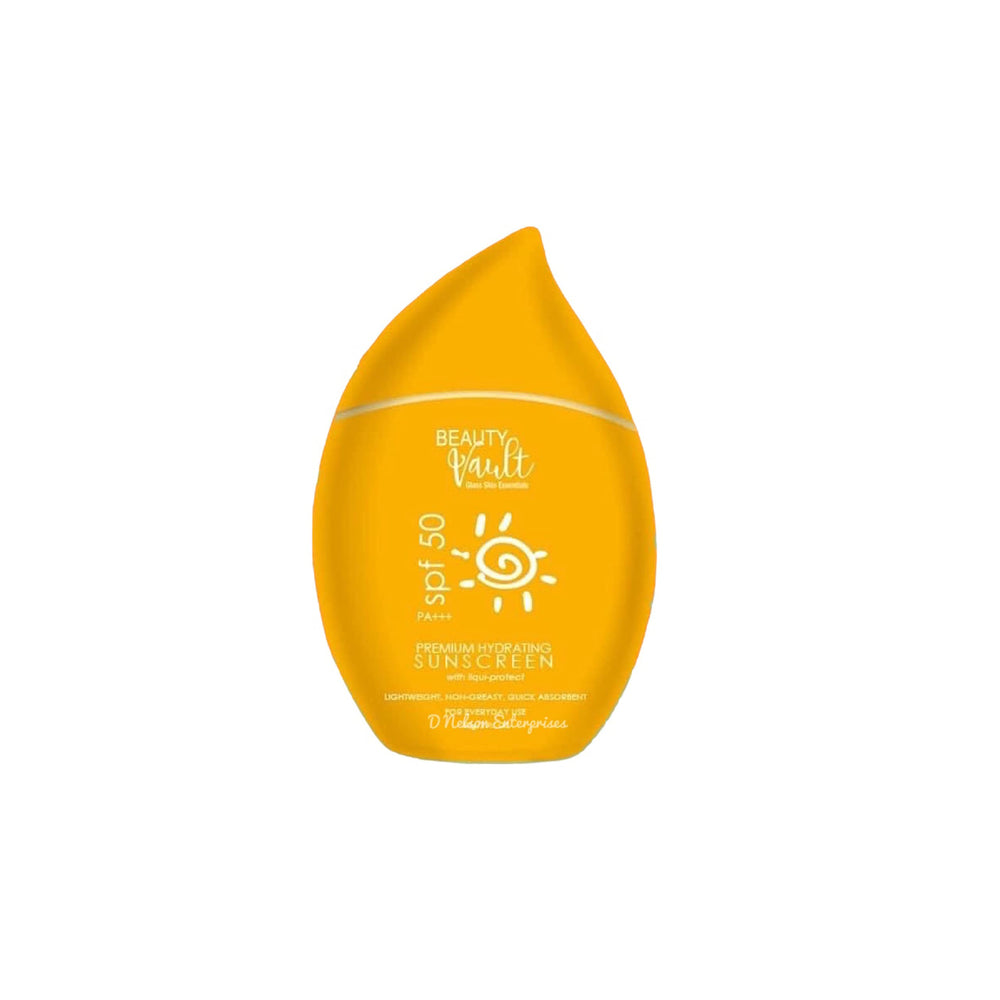 Beauty Vault premium hydrating sunscreen bottle close-up highlights lightweight, fast-absorbing protection