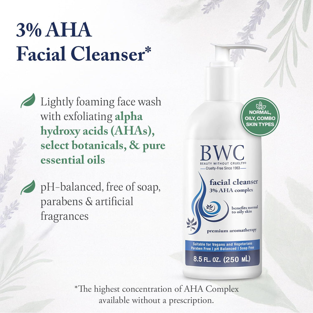 Beauty Without Cruelty AHA Facial Cleanser foam texture demonstrates light lather that lifts impurities