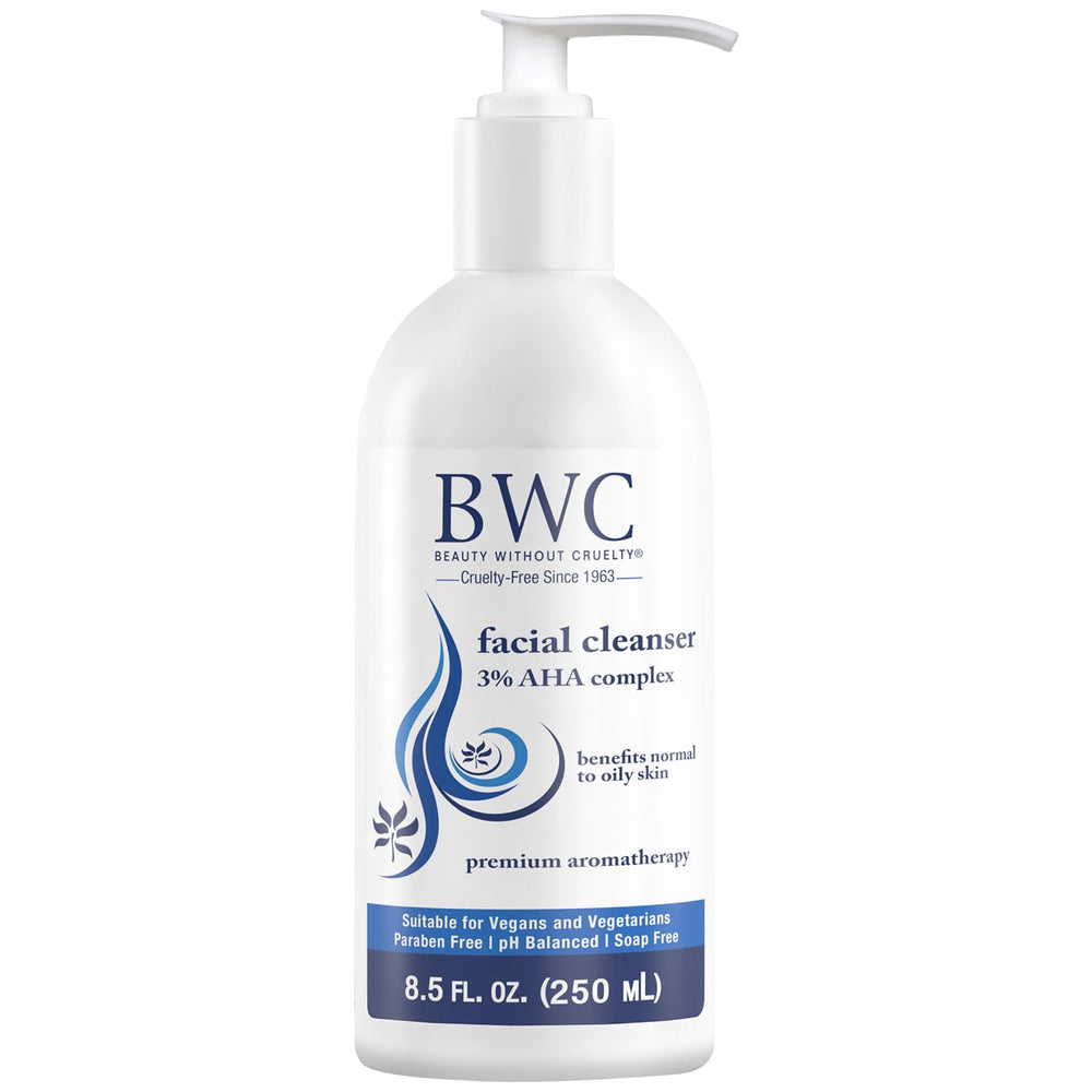 Beauty Without Cruelty AHA Facial Cleanser packaging showcases eco-friendly design for daily exfoliation
