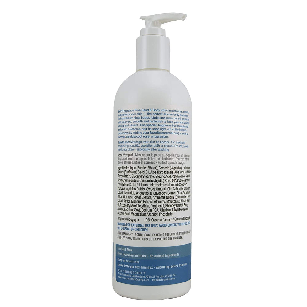 Beauty Without Cruelty lotion ingredients highlight rich emollients for smooth, nourished skin.
