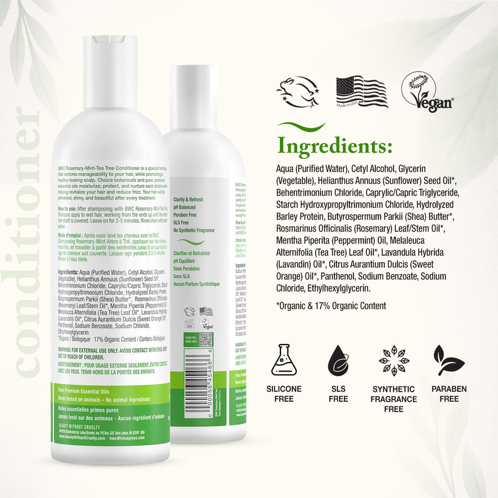 Beauty Without Cruelty conditioner label close-up highlighting SLS-free vegan formula