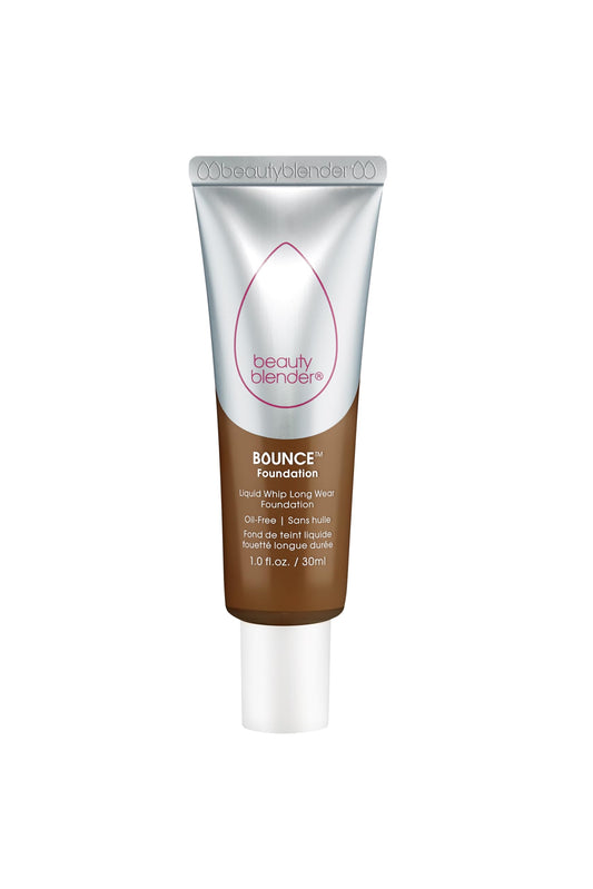 Beautyblender Bounce Liquid Whip bottle close-up, oil-free long-wear shade 4.60 N Deep Caramel.