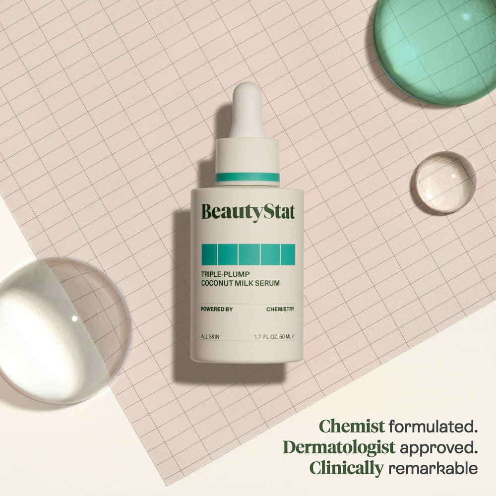 BeautyStat Coconut Milk Serum label detail shows fragrance-free skincare promise