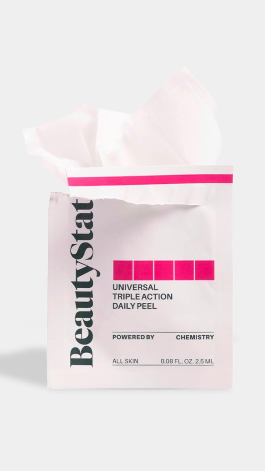 BeautyStat daily peel pad sachet close-up showing convenient pre-dosed portion