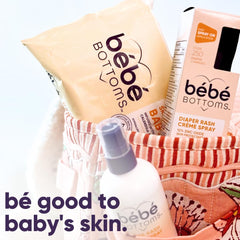 BEBE BOTTOMS natural chamomile calendula aloe extract imagery highlighting gentle cleansing.