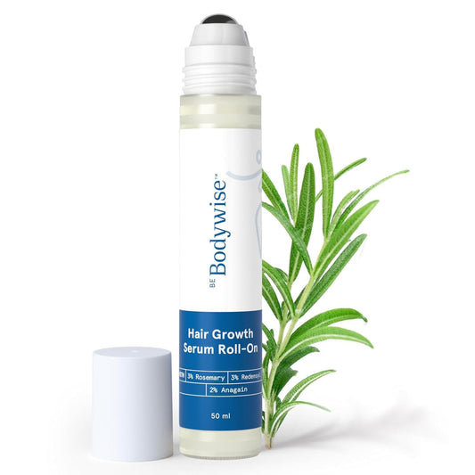 Be Bodywise Rosemary Hair Growth Serum Roll-On 50ml bottle close-up for stronger roots.