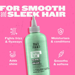 Close-up of Bed Head Control Freak smoothing frizzy curls.