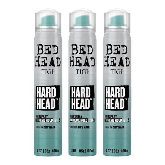 Bed Head Hard Head hairspray bottle showing extra-strong hold for all hair types.