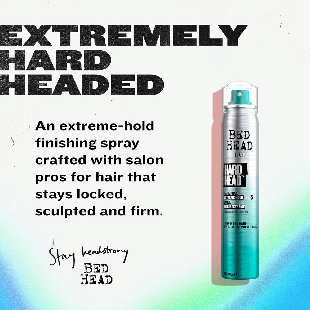 Bed Head Hard Head hairspray applied to dry hair for instant hold and control.
