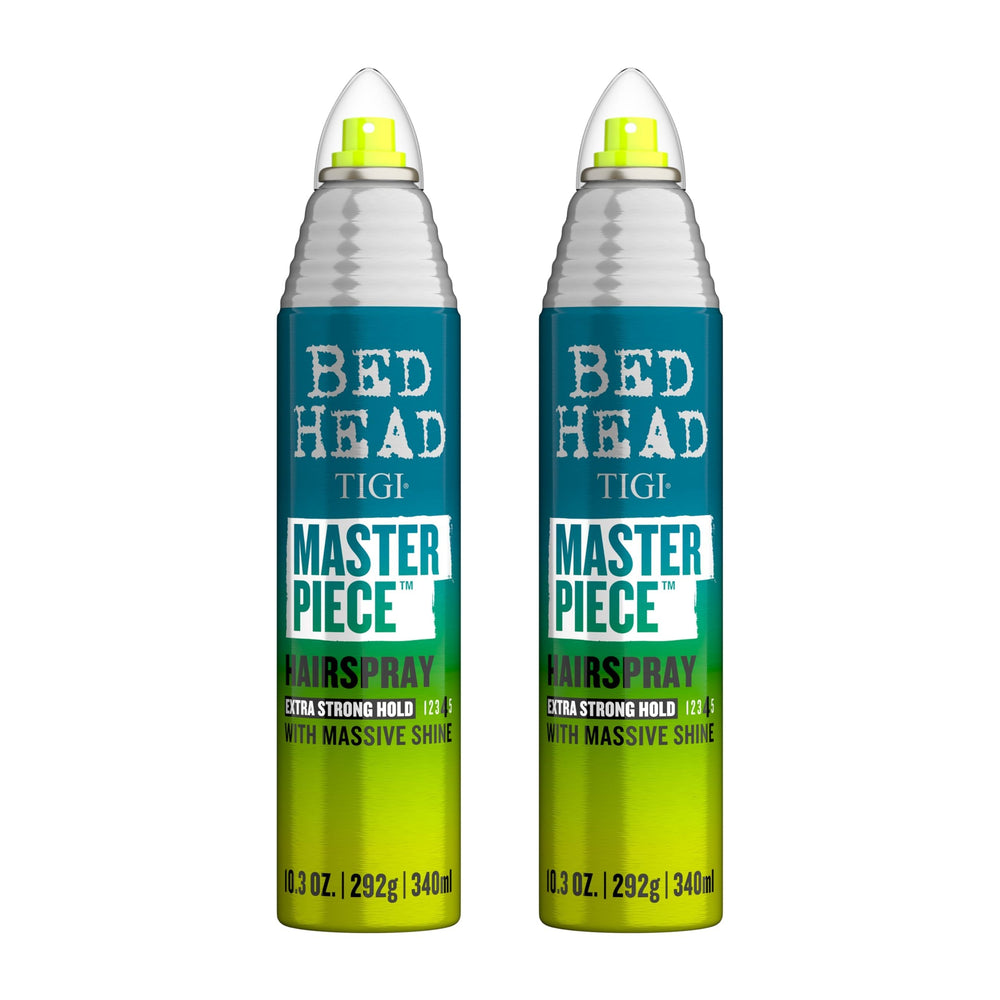 Bed Head Masterpiece hairspray bottle front view showing strong hold and shine