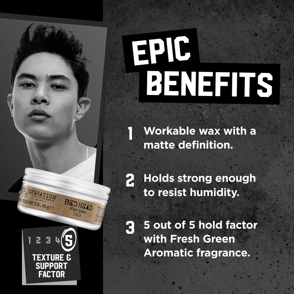 Bed Head for Men Matte Separation Wax adds texture and a matte finish for versatile styles.