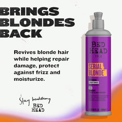 Bed Head Serial Blonde Conditioner bottle angle highlights bright blonde maintenance.