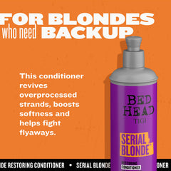 Bed Head Serial Blonde Conditioner label detail indicates color-enhancing formula.