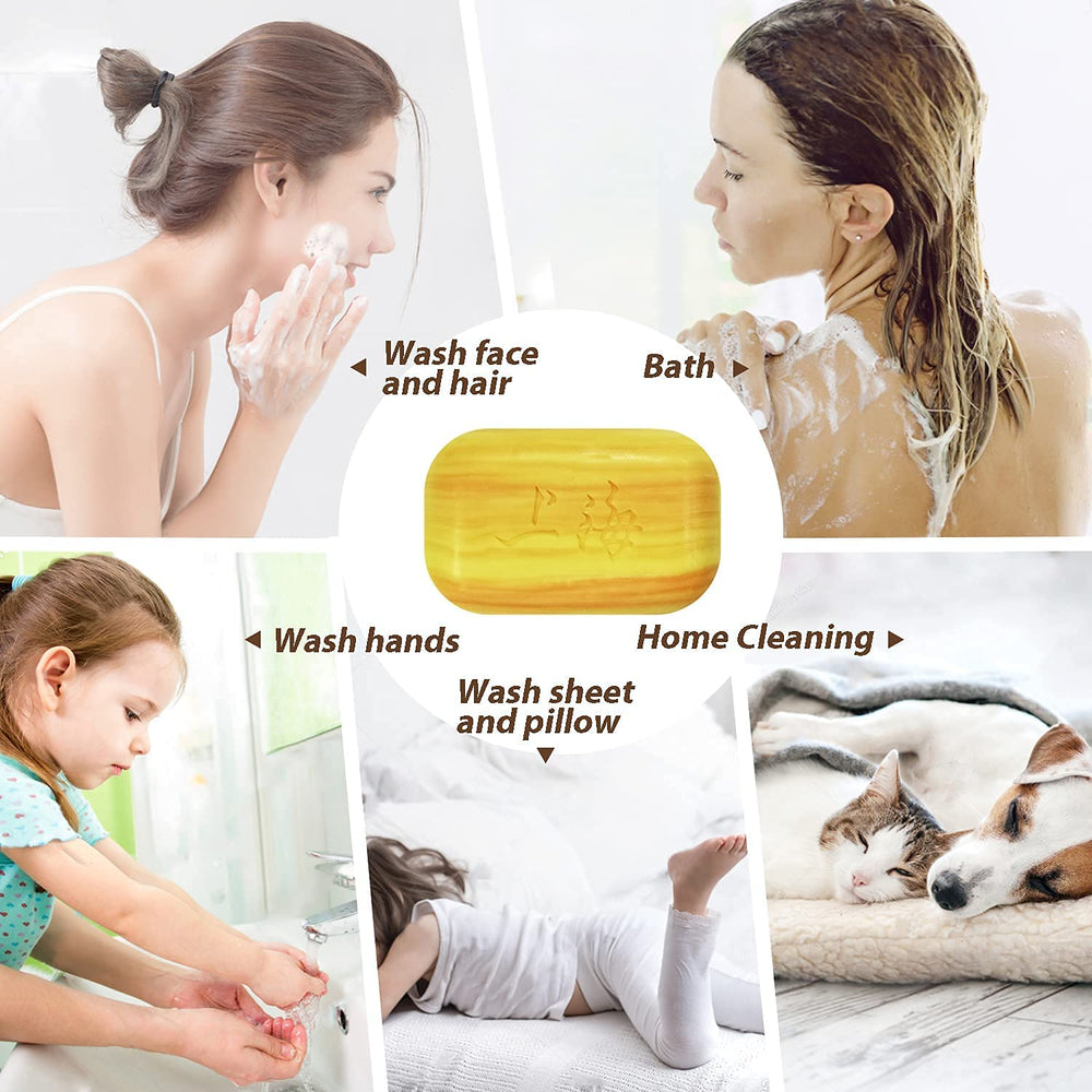Bee & Flower Shanghai sulfur soap on bathroom shelf in compact display