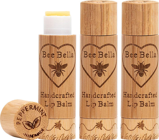 Bee Bella Lip Balm Peppermint 3-pack front view showing compact, travel-friendly packaging.