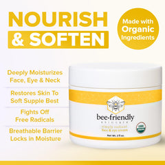 BeeFriendly Organic Face Cream tube on hand for daily moisturization.