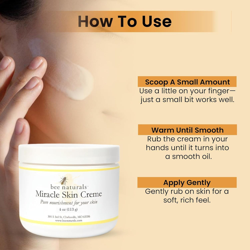 Bee Naturals Miracle Skin Creme label closeup emphasizes clean, natural ingredients.