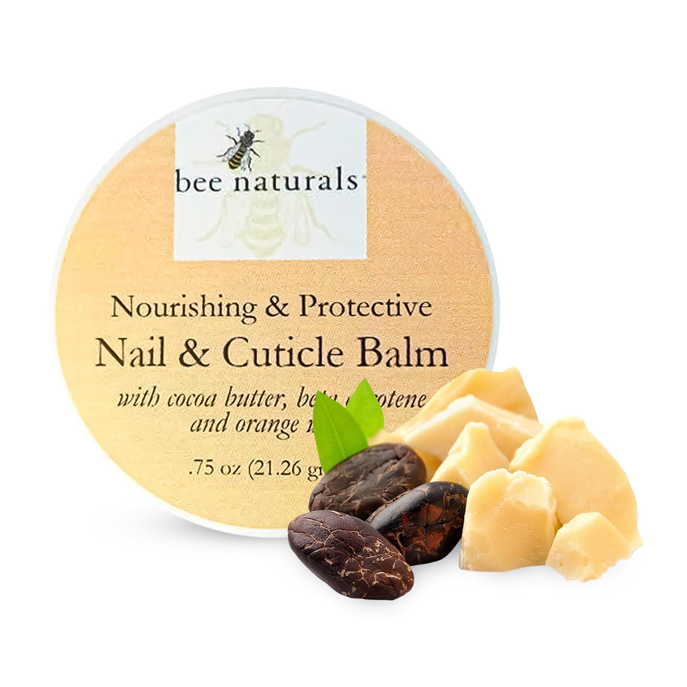 Bee Naturals Nail & Cuticle Balm jar closeup highlighting cocoa butter formula for nails