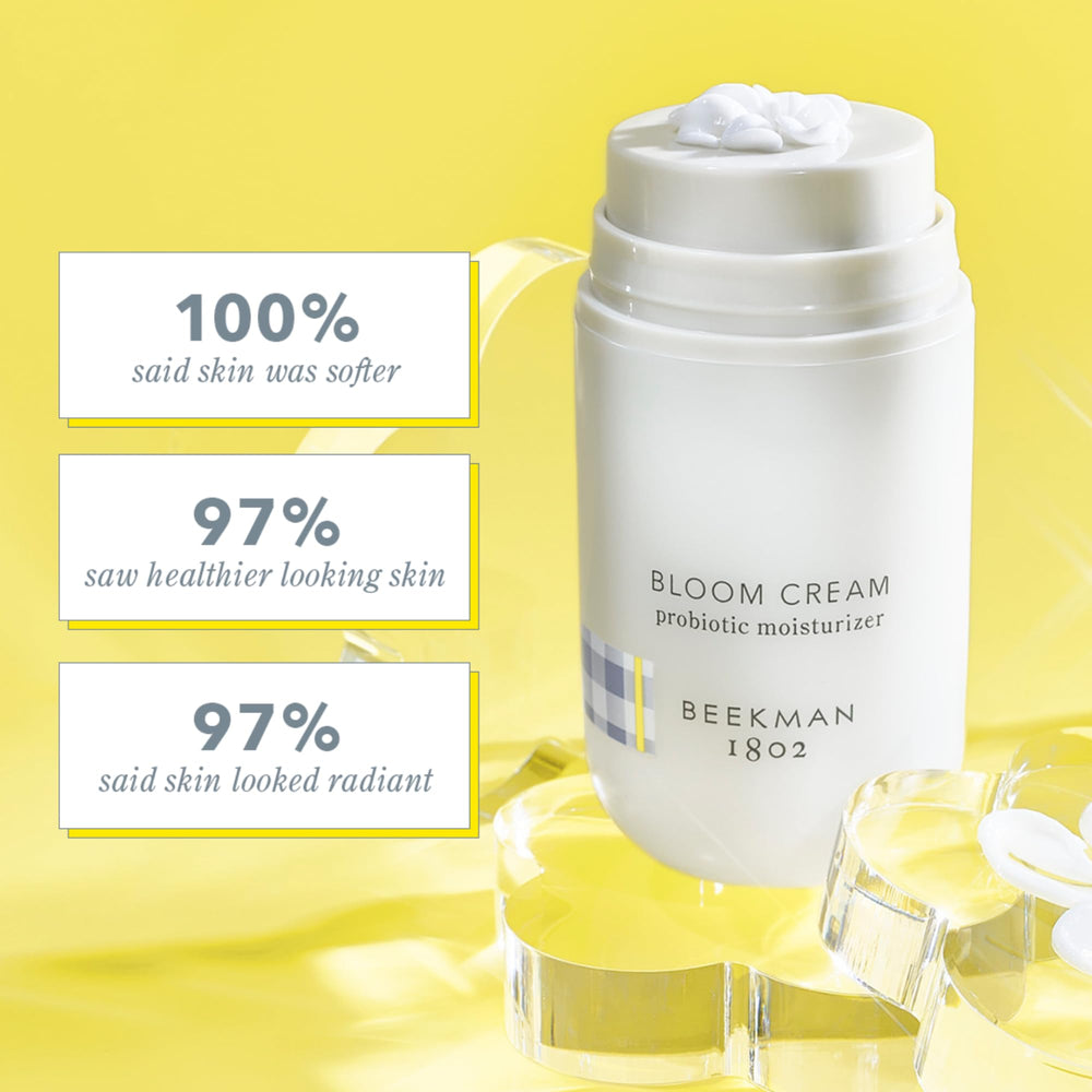 Beekman 1802 Bloom Cream packaging and label highlighting clean skincare.