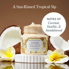 Beekman 1802 Coconut Cream Exfoliating Milk Scrub goat milk icon on pack signals skin balance.