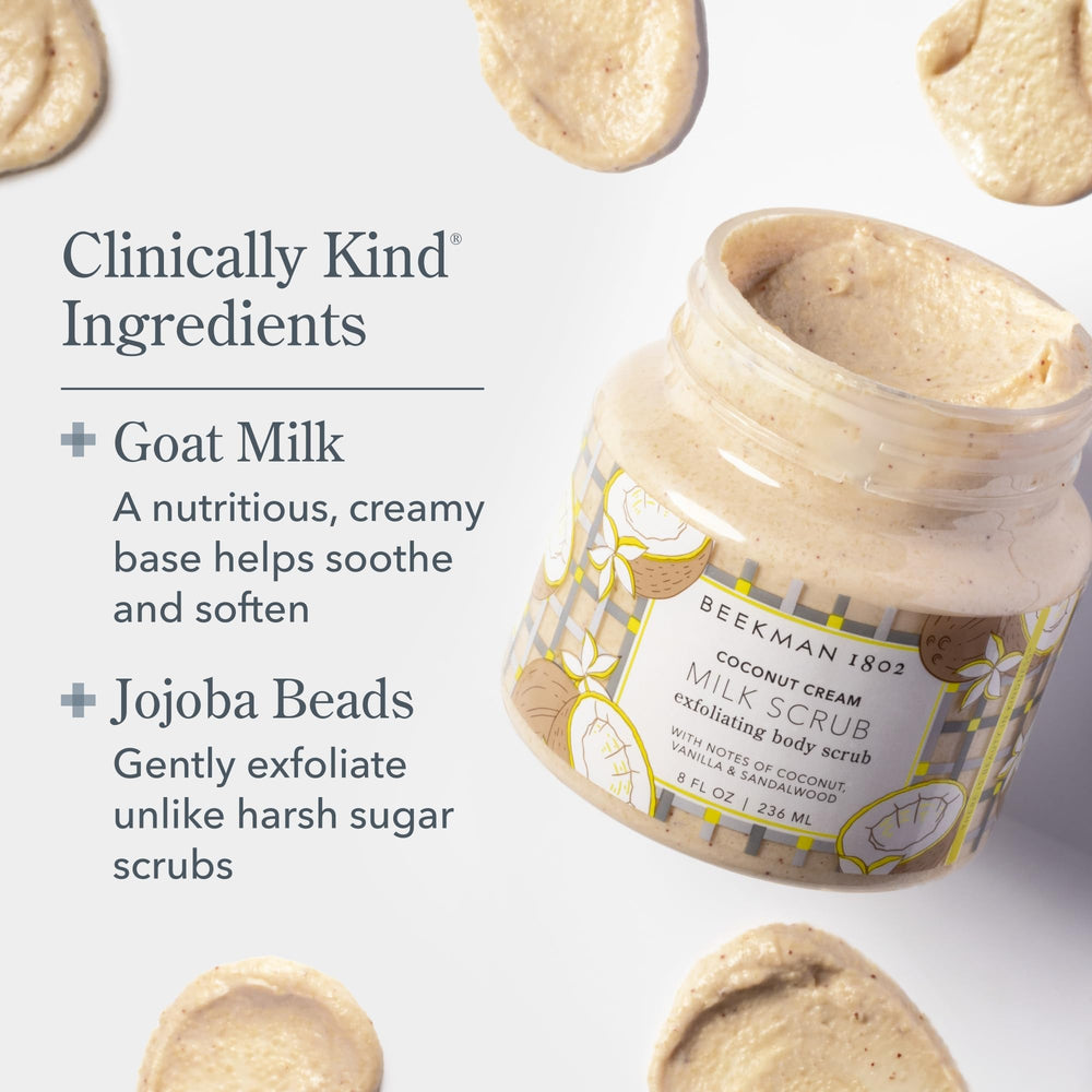 Beekman 1802 Coconut Cream Exfoliating Milk Scrub jojoba beads close-up shows texture and buffing.