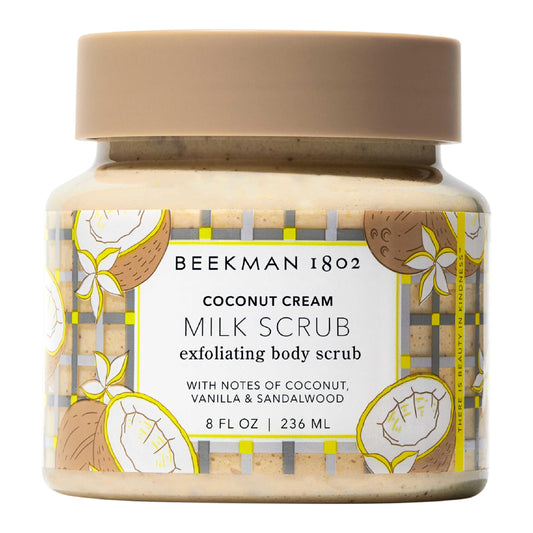 Beekman 1802 Coconut Cream Exfoliating Milk Scrub jar highlights creamy texture and gentle exfoliation.