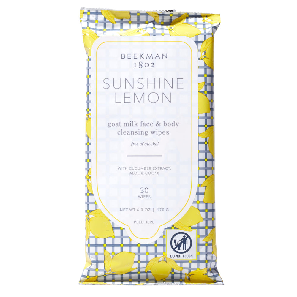 Beekman 1802 Sunshine Lemon face wipes packaging for convenient cleansing on the go.