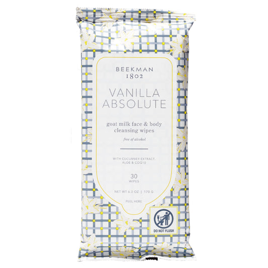 Beekman 1802 Vanilla Absolute wipes pack front view for quick makeup removal on the go
