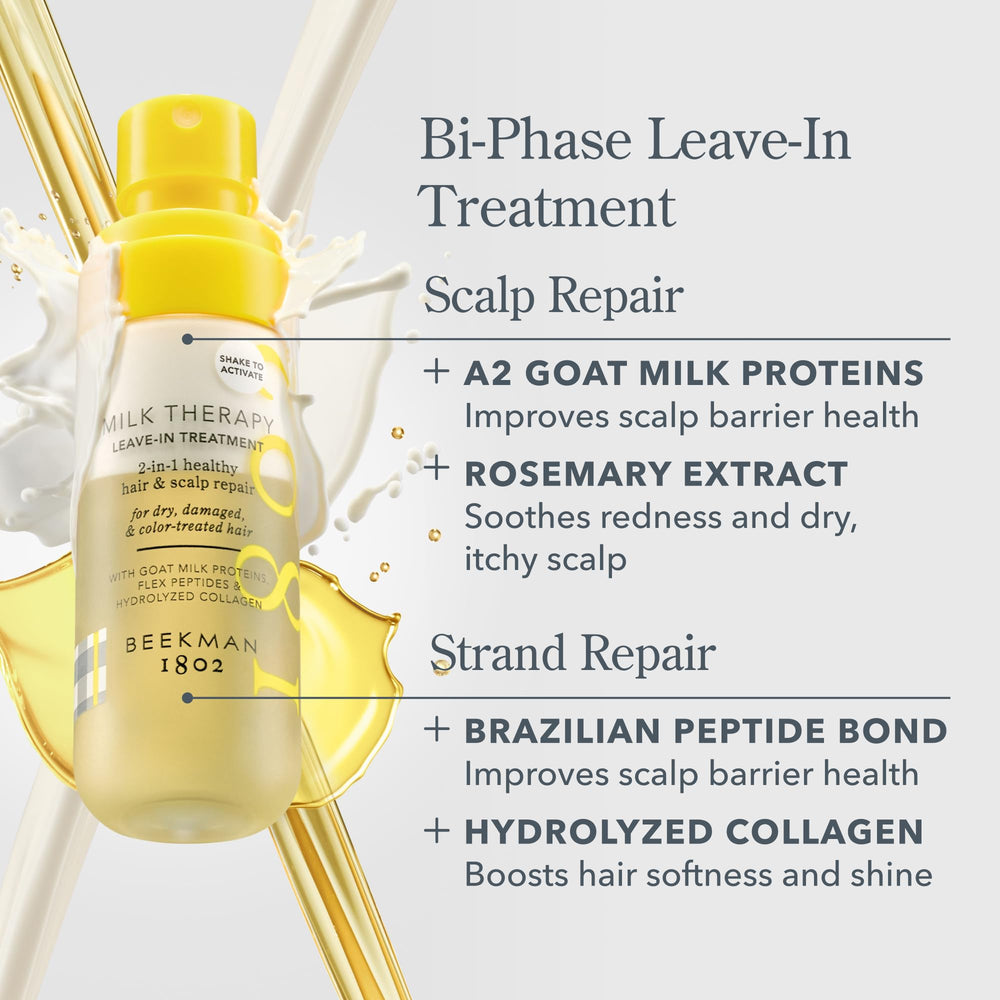 Beekman 1802 frizz-taming leave-in reduces flyaways with Brazilian Flex Peptide Bond.