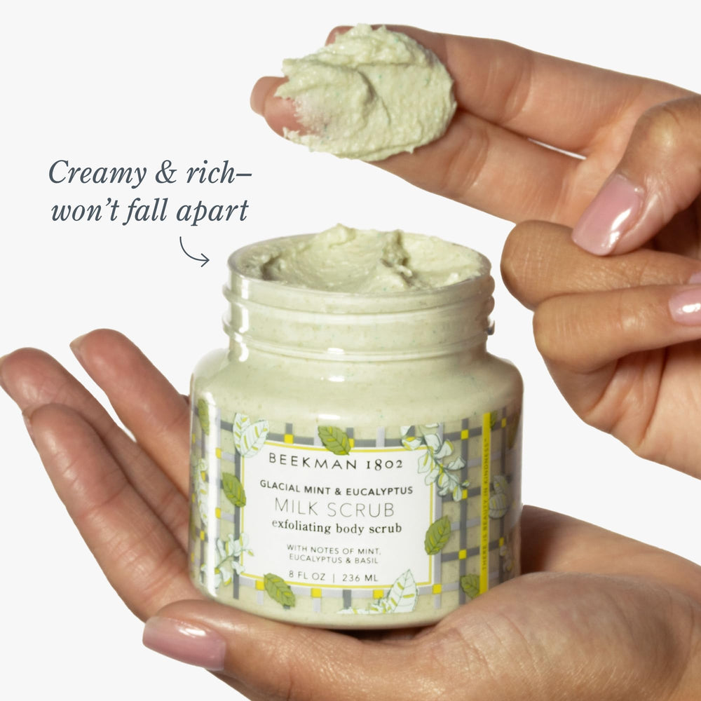 Beekman 1802 Glacial Mint & Eucalyptus ingredients image highlights lactic acid exfoliation
