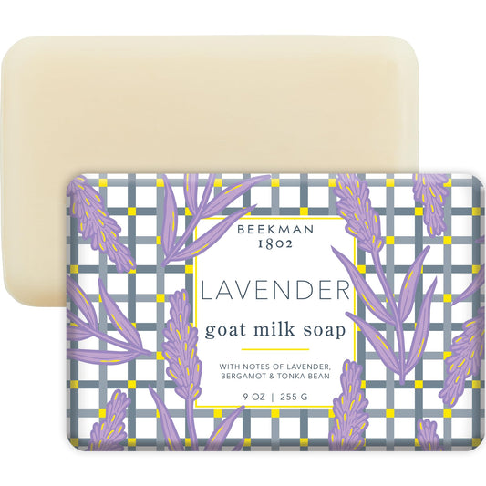 Beekman 1802 Goat Milk Soap Bar Lavender close-up shows creamy lather for sensitive skin