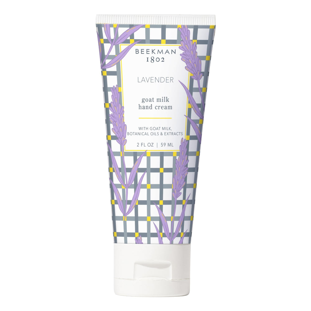 Beekman 1802 Goat Milk Hand Cream lavender tube offers hydrating, non-greasy moisture.