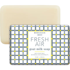 Beekman 1802 Fresh Air goat milk soap bar on a vanity for gentle cleansing.