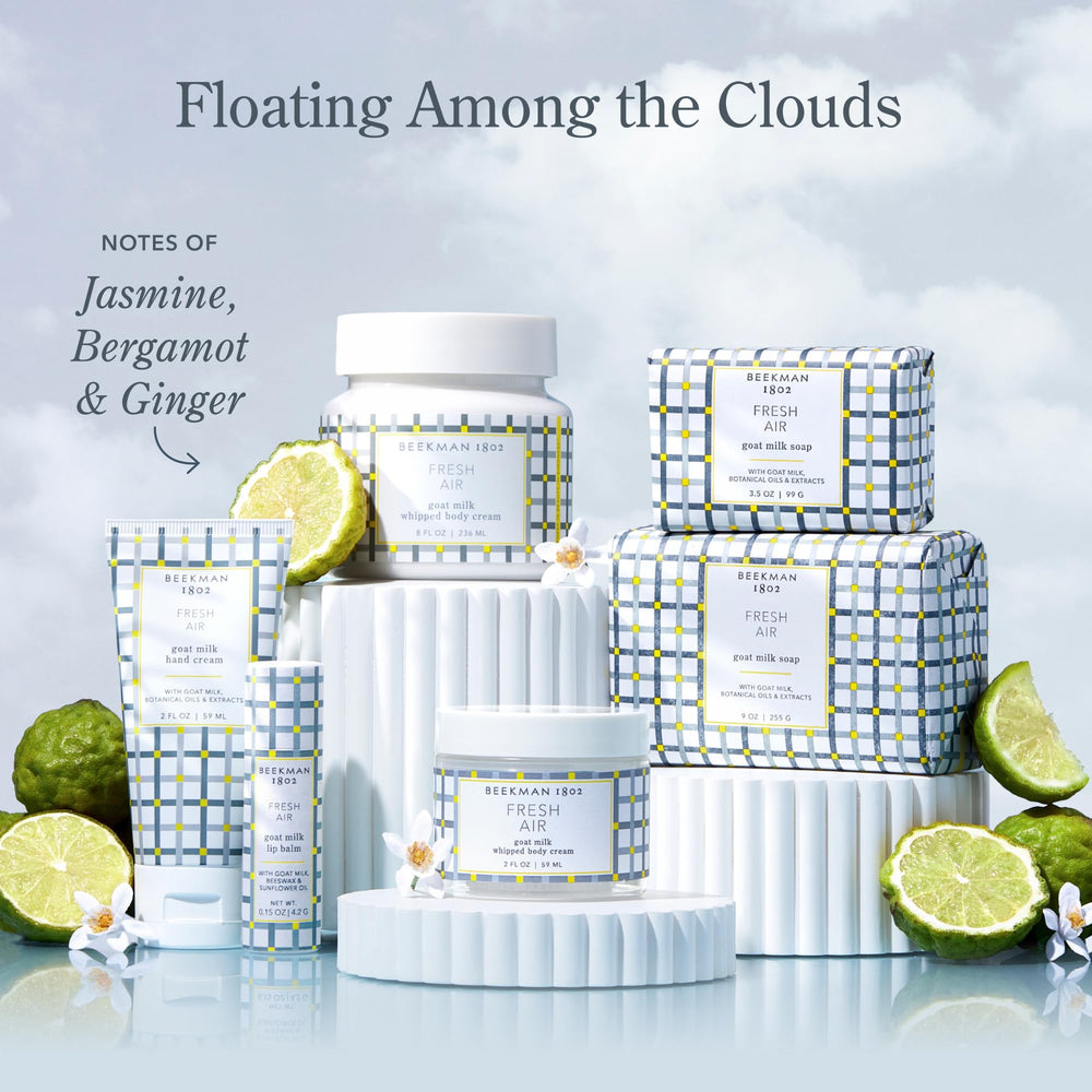 Beekman 1802 goat-milk source imagery emphasizing gentle, skin-friendly formula.