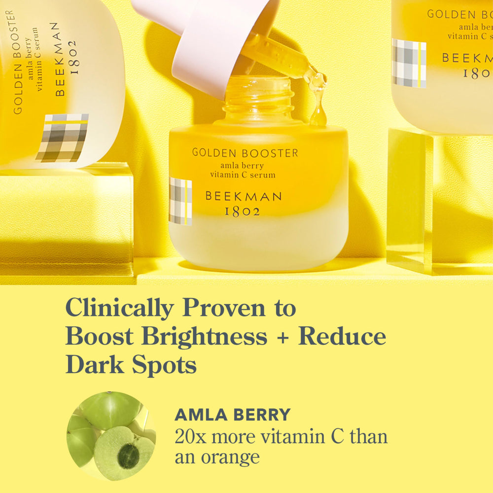 Beekman 1802 Golden Booster serum absorbing into dry skin with a non-greasy finish