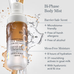Beekman 1802 Milk Shake Body Mist Coconut Cream spray highlights tropical notes for daily use.